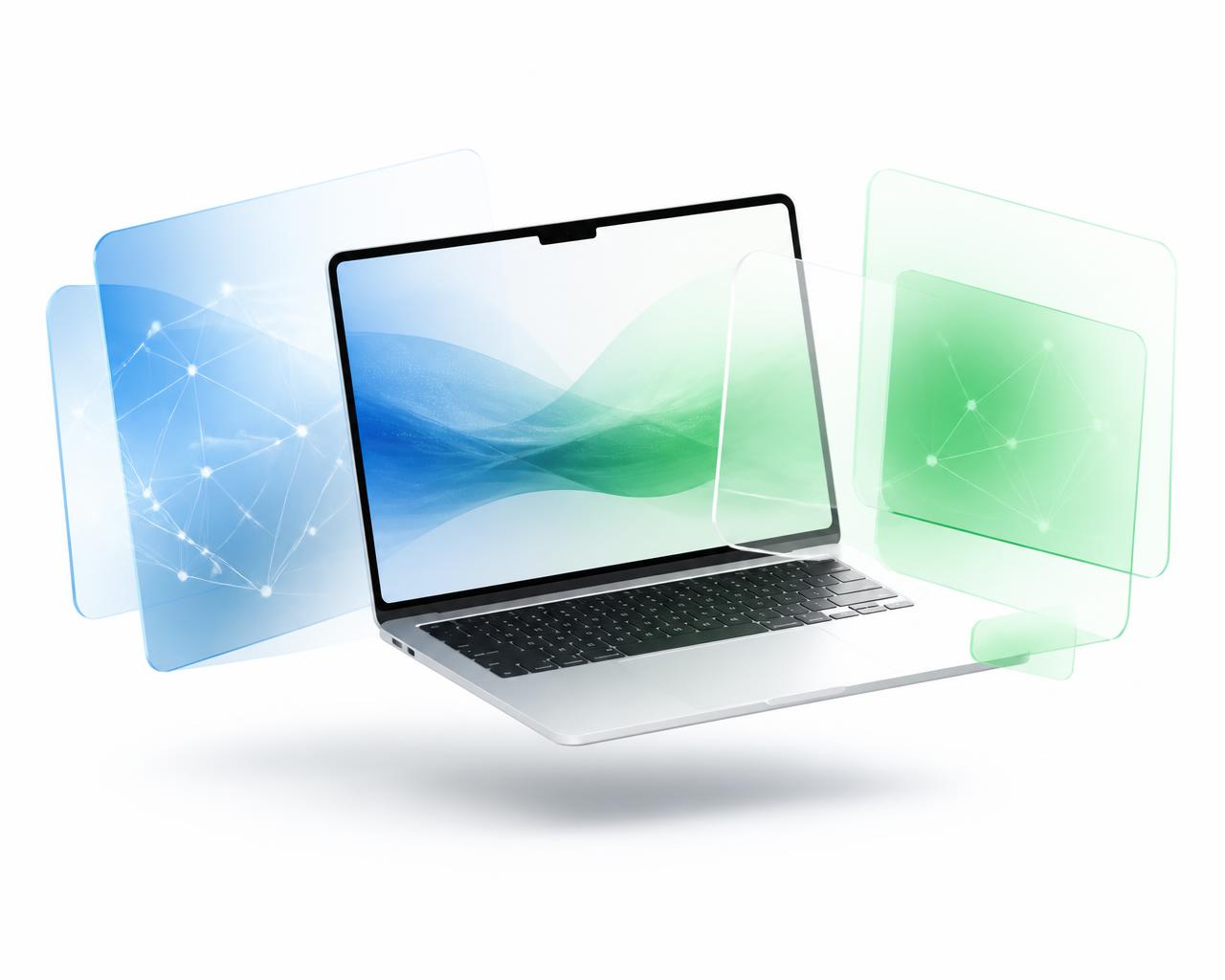 Notebook com painéis de interface de inteligência artificial flutuando