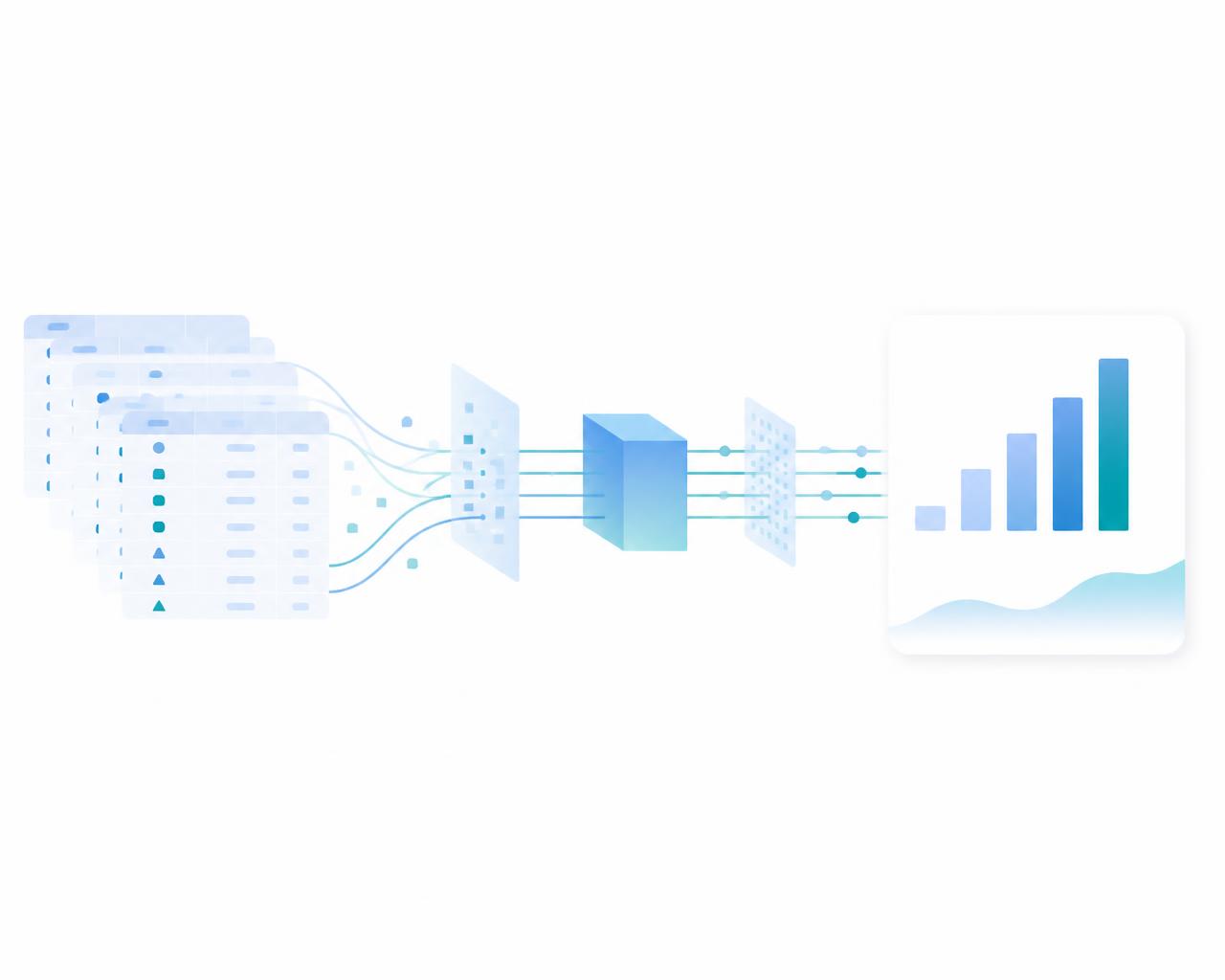 Ilustração de dados brutos sendo transformados em gráficos e indicadores de um dashboard